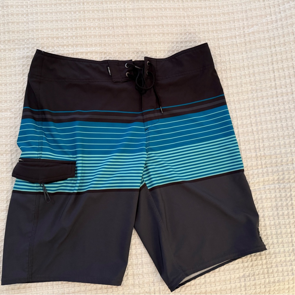 O'Neill Teal and Black Striped Swim Shorts